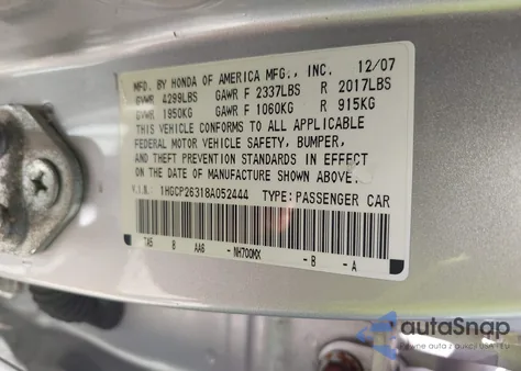 2008 Honda Accord 2.4 Lx из США, поврежденный, VIN 1HGCP26318A052444